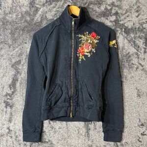 Johnny Was JWLA Womens Jacket XS Embroidered Full Zip Peace Floral Black Y2K